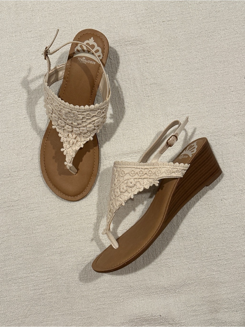 Fergalicious by Fergie Ivory Crochet Wedge Thong Sandals Size 9